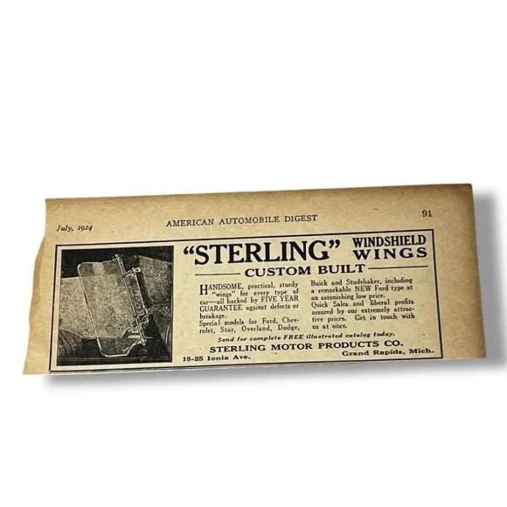 1924 Vintage Ad Sterling Custom Built Windshield Wings Grand Rapids MI Small A